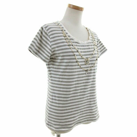 【中古】 アダムエロペ Adam et Rope' カットソー 半袖 ボーダー パール ビジュー グレー 白 38 【ベクトル 古着】 190427