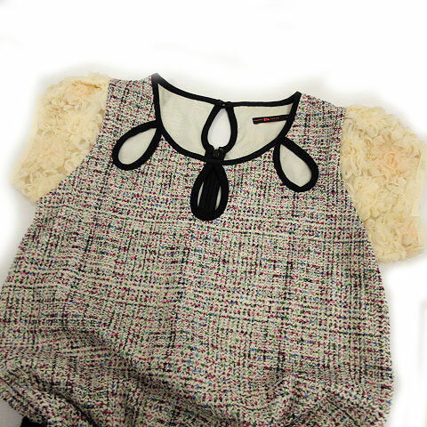 【中古】 トゥーパーセントトウキョウ 2％TOKYO ワンピース 半袖 ミニ丈 ドッキング フリル ツイード ベージュ ブラック 黒 マルチカラー F レディース 【ベクトル 古着】 190509