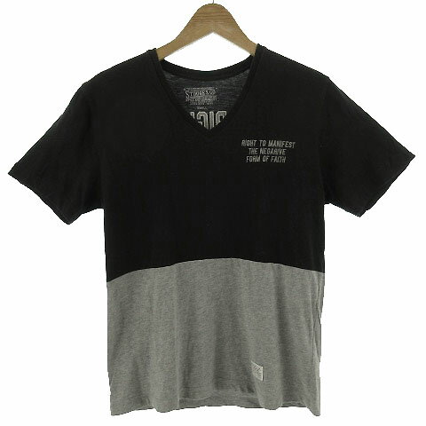 【中古】ストゥージ＆コー STOOGE&CO Tシャツ 半袖 Vネック ワッペン刺繍 バイカラー ブラック 黒 グレー S メンズ 【ベクトル 古着】 210821