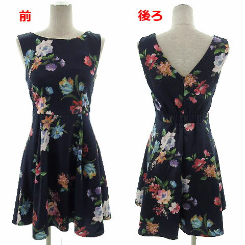 【中古】デイジーストア DAZZY STORE 花柄ジャージワンピース カップ付き ノースリーブ Vバック ひざ丈 ストレッチ ネイビー 紺 マルチカラー S レディース 【ベクトル 古着】 260401