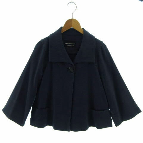 【中古】ストロベリーフィールズ STRAWBERRY-FIELDS ジャケット ステンカラー Aライン フレアスリーブ カシミヤ混 日本製 ネイビー 紺 レディース 【ベクトル 古着】 220731