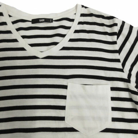 【中古】ハレ HARE Tシャツ 半袖 Vネック ボーダー ポケット付 ポケT ブラック 黒 オフ白 S メンズ 【ベクトル 古着】 210416