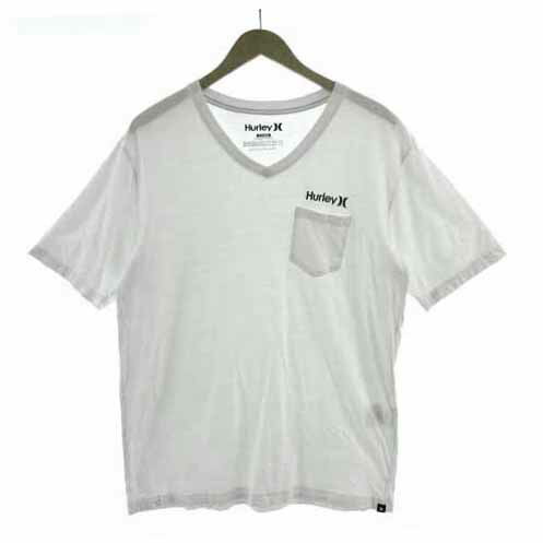 【中古】ハーレー Hurley Tシャツ ポケT 胸ポケ Vネック 半袖 ロゴプリント コットン ホワイト 白 ブラック 黒 XL メンズ 【ベクトル 古着】 230801