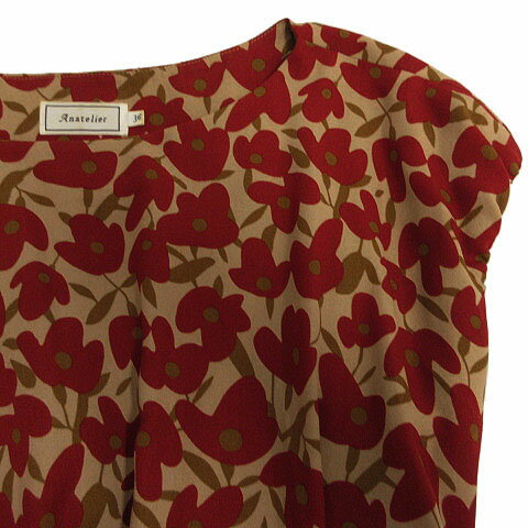 【中古】アナトリエ ANATELIER ワンピース ひざ丈 ノースリーブ 花柄 総柄 リボン ベージュ レッド 赤 ブラウン 茶 36 レディース 【ベクトル 古着】 210521