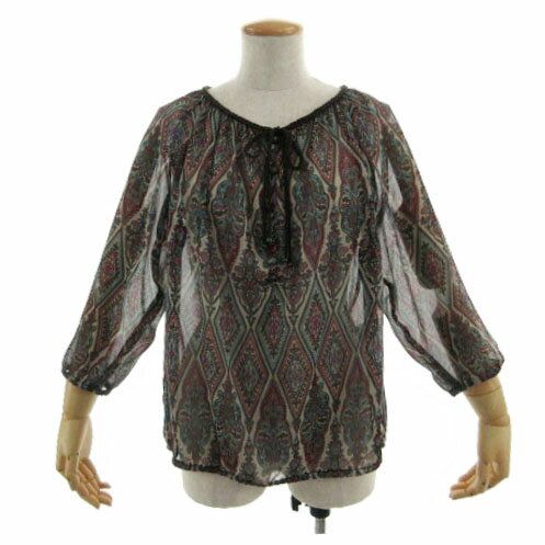 【中古】ロシャス ROCHAS ブラウス ヘンリーネック リボン 七分袖 シースルー 総柄 ブラウン 茶 マルチカラー 9 レディース 【ベクトル 古着】 240803