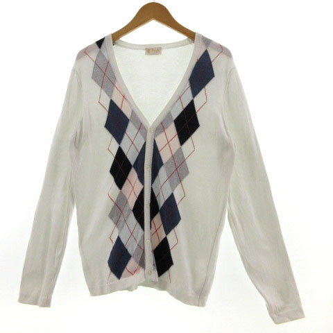 【中古】プリングル Pringle カーディガン ニット 長袖 アーガイル柄 V襟 コットン ホワイト 白 マルチカラー M メンズ 【ベクトル 古着】 220...