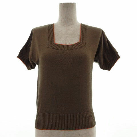 【中古】ボールジー BALLSEY トゥモローランド ニット サマーニット カットソー 半袖 スクエアネック リブ袖 配色 コットン ブラウン 茶 サーモンピンク レディース 【ベクトル 古着】 211224