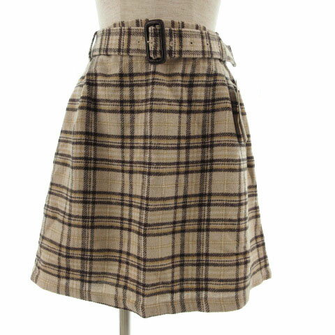 【中古】未使用品 アースミュージック&エコロジー EARTH MUSIC & ECOLOGY スカート ミニ 台形 ベルト付き チェック ベージュ ブラウン 茶 M レディース 【ベクトル 古着】 220309
