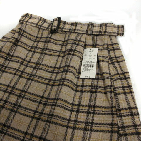 【中古】未使用品 アースミュージック&エコロジー EARTH MUSIC & ECOLOGY スカート ミニ 台形 ベルト付き チェック ベージュ ブラウン 茶 M レディース 【ベクトル 古着】 220309