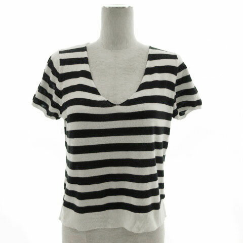 V-Neck - 【中古】ザヴァージニア The Virgnia ニット 半袖 ボーダー Vネック コットン ブラック 黒 ホワイト 白 900 レディース 【ベクトル 古着】 211010