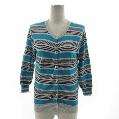 【中古】イエナ IENA カーディガン ニット ラウンドネック リネン混 ボーダー 長袖 グレー ブルー系 青系 ネイビー 紺 レディース 【ベクトル 古着】 211113