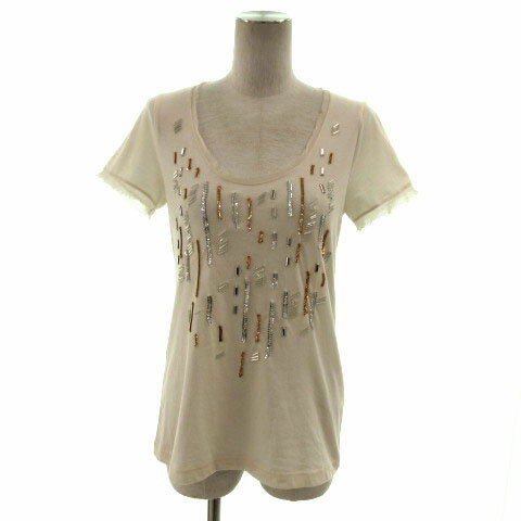 【中古】チェスティ Chesty カットソー Uネック 半袖 フリンジ ビーズ スパンコール ベージュ F レディース 【ベクトル 古着】 221108