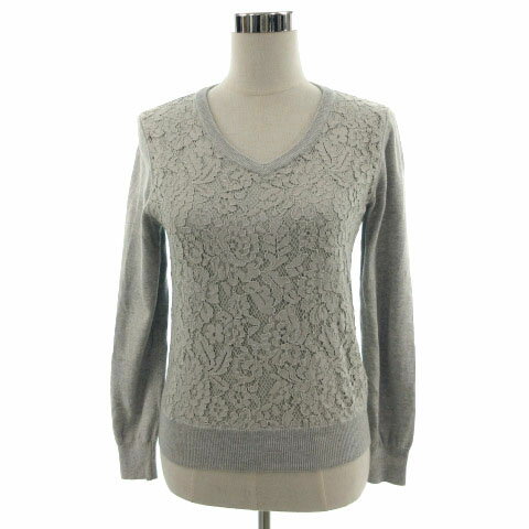 【中古】ビームスハート BEAMS HEART ニット セーター 長袖 Vネック 前身頃レース 切替え グレー レデ..