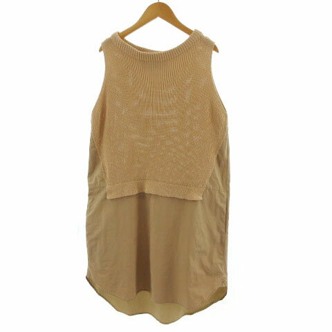 【中古】アダワス ADAWAS ワンピース ノースリーブ ひざ丈 ラウンドカット 切替え レイヤード風 スリット ベージュ 38 レディース 【ベクトル 古着】 220125