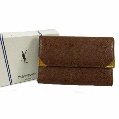 【中古】イヴサンローラン YVES SAINT LAURENT 財布 三つ折り財布 ロゴ型押し レザー ブラウン 茶 ゴールド レディース 【ベクトル 古着】 220610