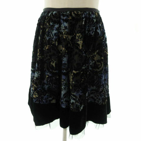 【中古】ロイスクレヨン Lois CRAYON スカート フレア ひざ丈 花柄 立体模様 ベロア切替え シルク80％ ブラック 黒 ブルー 青 マルチカラー M レディース 【ベクトル 古着】 220422
