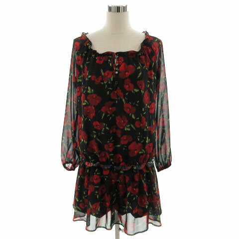 【中古】ビッキー VICKY 花柄オフショルダーチュニック 2301-76122 長袖 ウエストゴム ブラック 黒 レッド 赤 グリーン 緑 2 レディース 【ベクトル 古着】 260222