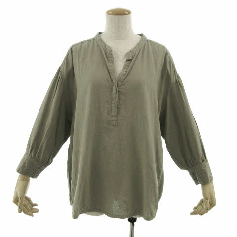 【中古】スタディオクリップ Studio Clip シャツ ノーカラー 長袖 プルオーバー リネン混 カーキ L レディース 【ベクトル 古着】 220729