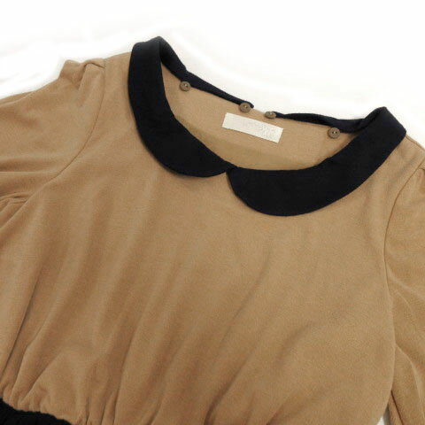 【中古】ユニバーバル ミューズ UNIVERVAL MUSE ワンピース 丸襟 ノーカラー 2way 七分袖 ひざ丈 フレア 切替え ドッキング リボン ブラウン 茶 ネイビー 紺 レディース 【ベクトル 古着】 221121