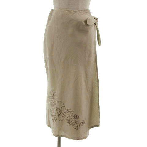 【中古】エディーバウアー EDDIE BAUER スカート ストレート ラップスカート ミディ丈 リボン 花柄刺繍 リネン100％ ベージュ 2 レディース 【ベクトル 古着】 230401