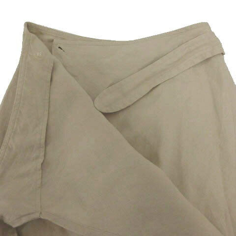 【中古】エディーバウアー EDDIE BAUER スカート ストレート ラップスカート ミディ丈 リボン 花柄刺繍 リネン100％ ベージュ 2 レディース 【ベクトル 古着】 230401