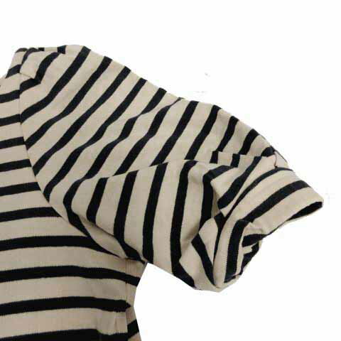 【中古】カオン Kaon ワンピース ボートネック 五分袖 バルーンスリーブ ひざ丈 日本製 厚手コットン ボーダー ベージュ ネイビー 紺 F レディース 【ベクトル 古着】 230809