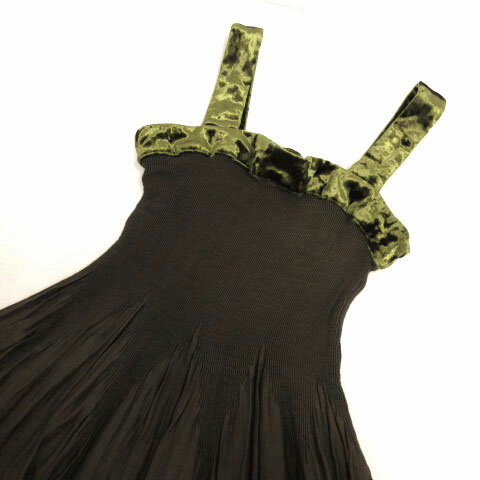 【中古】グレースコンチネンタル GRACE CONTINENTAL ワンピース キャミワンピ シャーリング ミディ丈 フレア ベロア切替え 日本製 ブラウン系 カーキブラウン グリーン 緑 36 レディース 【ベクトル 古着】 230128