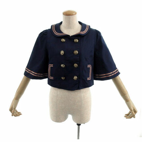 【中古】ブルーローグ BLUE ROGUE ジャケット クロップド丈 ショールカラー ダブル 五分袖 フレアスリーブ ライン ネイビー 紺 レディース 【ベクトル 古着】 230212