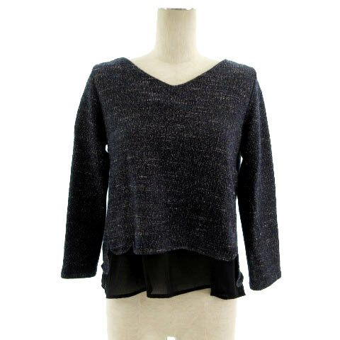 V-Neck - 【中古】グリーンレーベルリラクシング ユナイテッドアローズ green label relaxing ニット カットソー Vネック 七分袖 ツイード調 レイヤード風 日本製 ウール混 ネイビー 紺 ホワイト 白 ブラック 黒 レディース 【ベクトル 古着】 230405