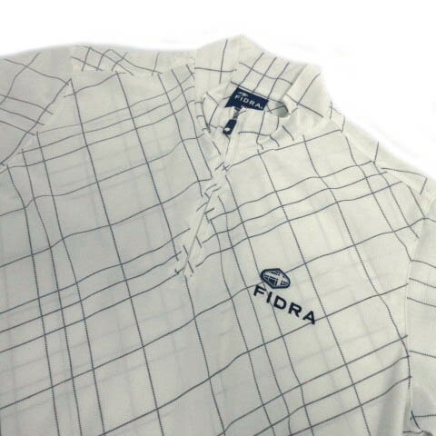 【中古】フィドラ FIDRA ポロシャツ ハイネック ハーフジップ 半袖 ロゴ刺繍 総柄 オフ白 ネイビー 紺 M メンズ 【ベクトル 古着】 230608