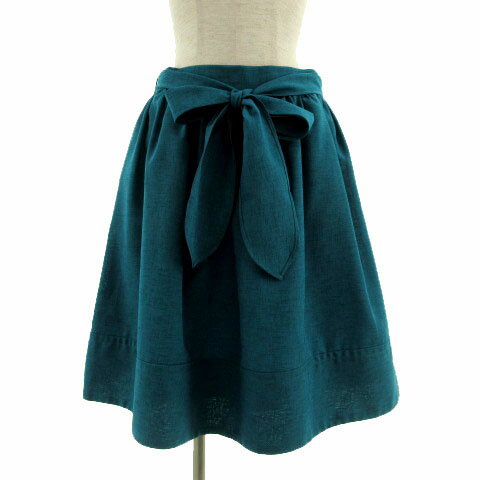 【中古】ビス ViS スカート フレア ギャザー ひざ丈 リボンベルト ブルー系 青緑 L レディース 【ベクトル 古着】 230605