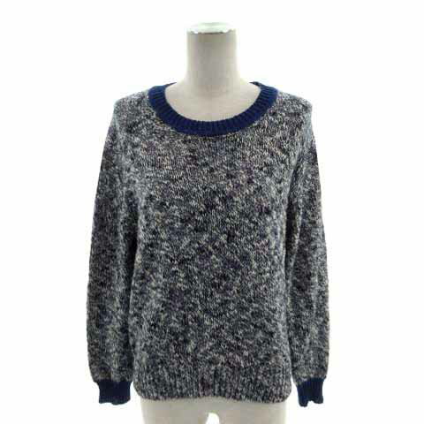 【中古】自由区 オンワード樫山 ニット 丸首 長袖 リネン混 ミックス糸 ブルー 青 ネイビー 紺 ホワイト 白 38 レディース 【ベクトル 古着】 230711