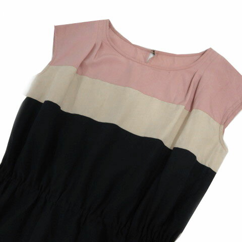 【中古】ナチュラルビューティーベーシック NATURAL BEAUTY BASIC ワンピース フレンチスリーブ ミディ丈 配色 ピンク ベージュ ネイビー 紺 M レディース 【ベクトル 古着】 231114