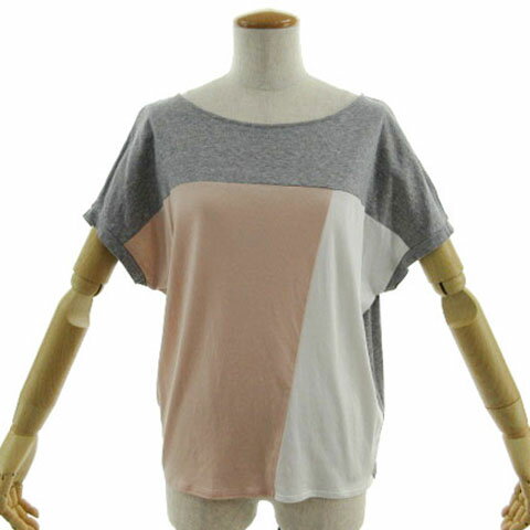 T-Shirts - 【中古】インディヴィ INDIVI ブロッキングシルケットスムースカットソー 127-14030 ボートネック 半袖 コットン混 配色 グレー ピンクベージュ ホワイト 白 38 レディース 【ベクトル 古着】 240229