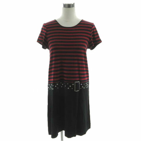 【中古】ソニアバイソニアリキエル SONIA BY SONIA RYKIEL ワンピース 半袖 ひざ丈 騙し絵ベルト ビジュー コットン混 ボーダー ブラック 黒 レッド系 エンジ 40 レディース 【ベクトル 古着】 240314