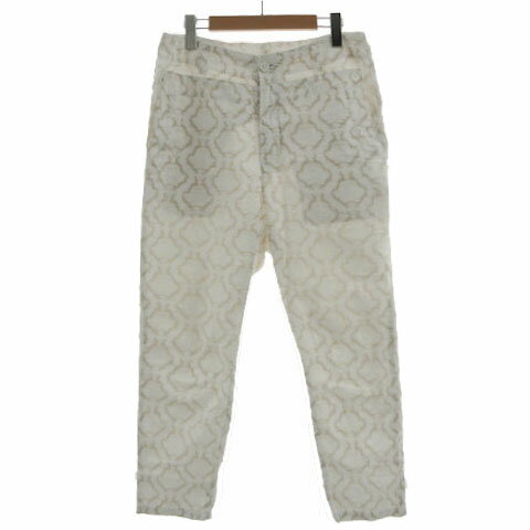 【中古】ズッカ zucca パンツ マリンパンツ テーパード バックシンチベルト 日本製 コットン 総柄 オフ白 ブラウン系 茶系 M レディース 【ベクトル 古着】 240527