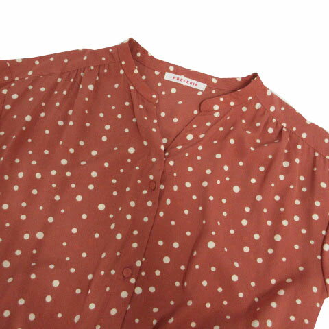 【中古】プレフェリール PREFERIR バンドカラーロングワンピース 11012 長袖 ウエストゴム リボンベルト ドット ピンク系 ピンクブラウン オフ白 M レディース 【ベクトル 古着】 240629