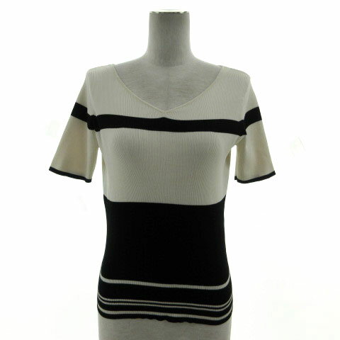 V-Neck - 【中古】ボールジー BALLSEY トゥモローランド リブニット Vネック 半袖 シルク61％ 配色 アイボリー ブラック 黒 S レディース 【ベクトル 古着】 240706