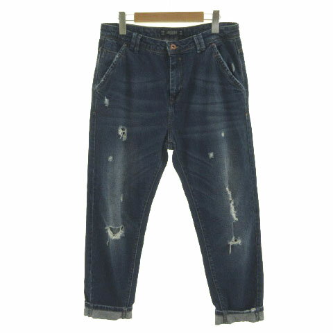 【中古】ザラ トラファルック ZARA Trafaluc ジーンズ デニム テーパード 裾ダブル ユーズド加工 ダメージ加工 コットン インディゴ ブルー 青 38 レディース 【ベクトル 古着】 240701