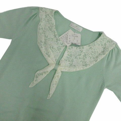 【中古】未使用品 カールパークレーン KarL Park Lane ニット レースストールリボン 半袖 コットン混 グリーン系 ミントグリーン ホワイト 白 M レディース 【ベクトル 古着】 240817