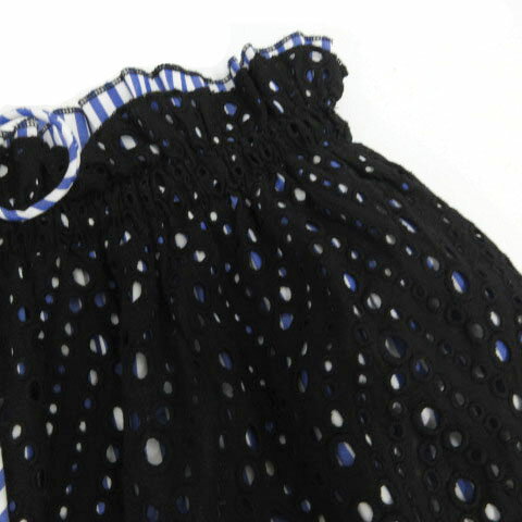 【中古】ザラ ZARA スカート ギャザー フレア メッシュ レイヤード ひざ丈 ウエストゴム コットン ブラック 黒 ストライプ ブルー 青 ホワイト 白 M レディース 【ベクトル 古着】 240817