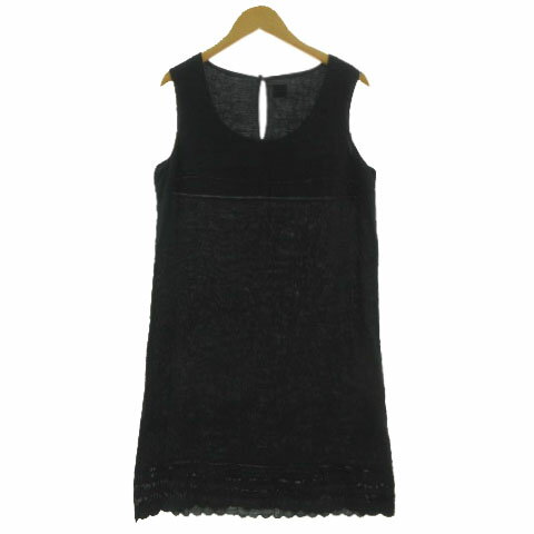 【中古】120%LINO ワンピース ノースリーブ 裾レース切替え スカラップ ミディ丈 リネン100% ブラック 黒 42 レディース 【ベクトル 古着】 241011