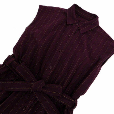 【中古】シェルター SHEL’TTER ワンピース シャツワンピ フレンチスリーブ ロング丈 リボンベルト リネン混 ストライプ パープル 紫 ブラウン 茶 ベージュ S レディース 【ベクトル 古着】 241031