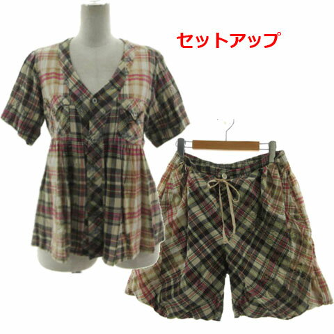 【中古】ズッカ zucca セットアップ ブラウス V襟 半袖 ギャザー パンツ ショートパンツ ウエストゴム 日本製 コットン チェック 総柄 ベージュ マルチカラー M レディース 【ベクトル 古着】 250308