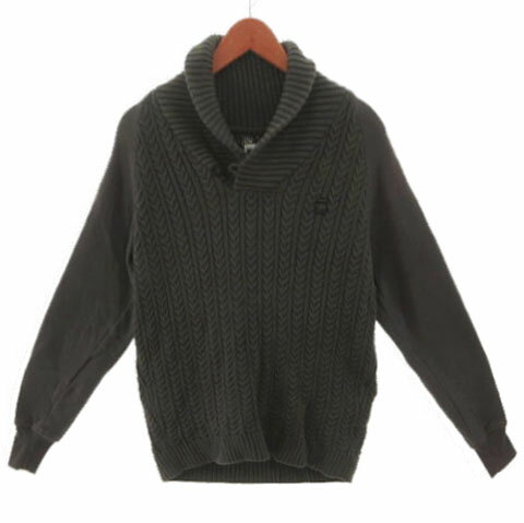 Knit Sweater - 【中古】ジースターロウ G-Star RAW ショールカラーコットンニット 袖スウェット切替え ロゴワッペン ケーブル編み カーキ系 カーキグレー M メンズ 【ベクトル 古着】 250822