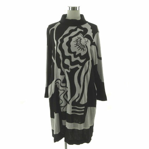 【中古】ヒロココシノ HIROKO KOSHINO 花柄モチーフバルーンチュニック OHPES-12560 オフタートル ひざ丈ワンピース ウール混 ブラック..