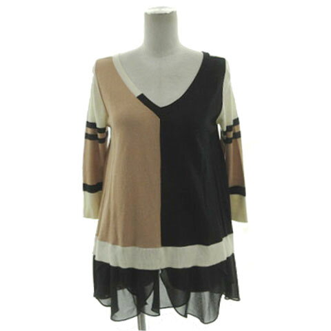 V-Neck - 【中古】ダイアグラム グレースコンチネンタル Diagram GRACE CONTINENTAL レーヨンブレンドニット Vネック 裾レース切替え 長袖 配色 ブラック 黒 ブラウン 茶 アイボリー 36 レディース 【ベクトル 古着】 250620