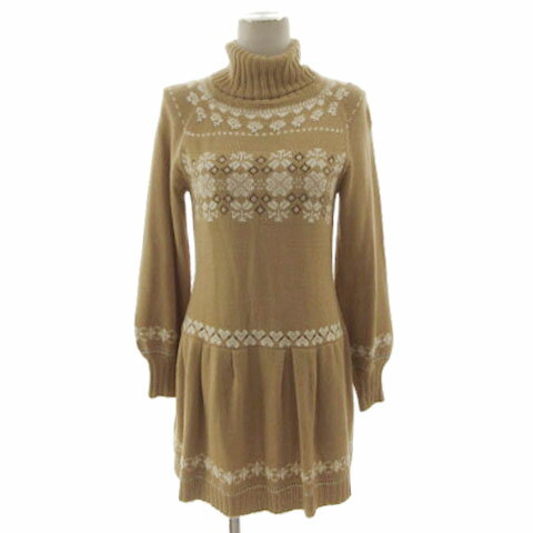 【中古】クレージュ courreges タートルネックニットチュニック ワンピース ECFAA-45290 ビーズ 長袖 ノルディック柄 ウール混 ベージュ ブラウン 茶 ホワイト 白 38 レディース 【ベクトル 古着】 251026