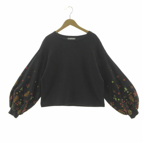 【中古】ザラ ZARA バルーンスリーブスウェット トレーナー 長袖 花柄プリント 裏起毛 コットン グレー..