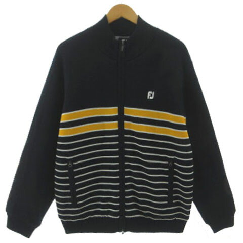 【中古】フットジョイ FootJoy 中綿ジップアップニットジャケット JP-F16-48 スタンドカラー ロゴ刺繍 裏キルティング ダブルジップ 長袖 ウール混 ボーダー ネイビー ホワイト イエロー XL メンズ 【ベクトル 古着】 260813